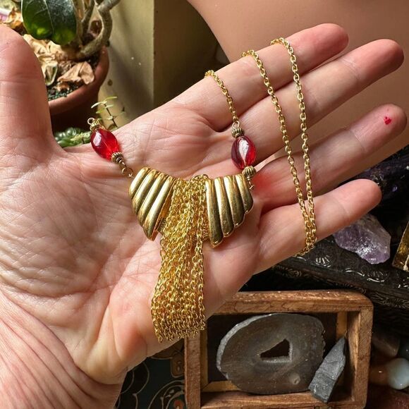 Vintage Napier Gold Fringe Red Bead Necklace - Picture 4 of 5